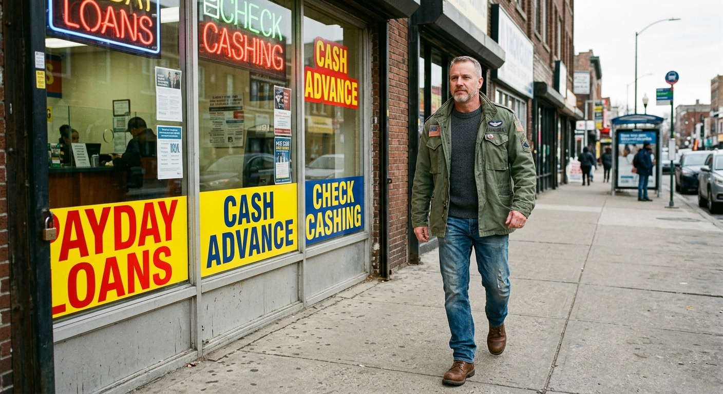 Veteran walking past predatory lending storefronts