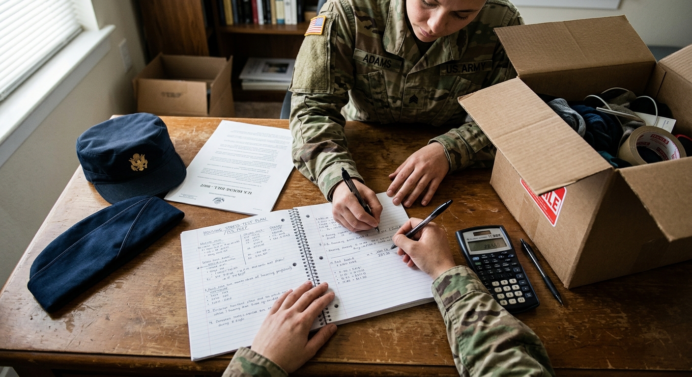 Hands writing a housing stress-test plan in a notebook beside a printed bill, calculator, moving box, and folded military cap