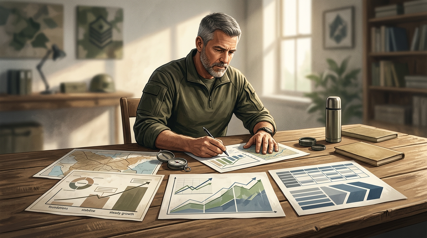 Veteran reviewing a 90-day financial operation plan at a command table