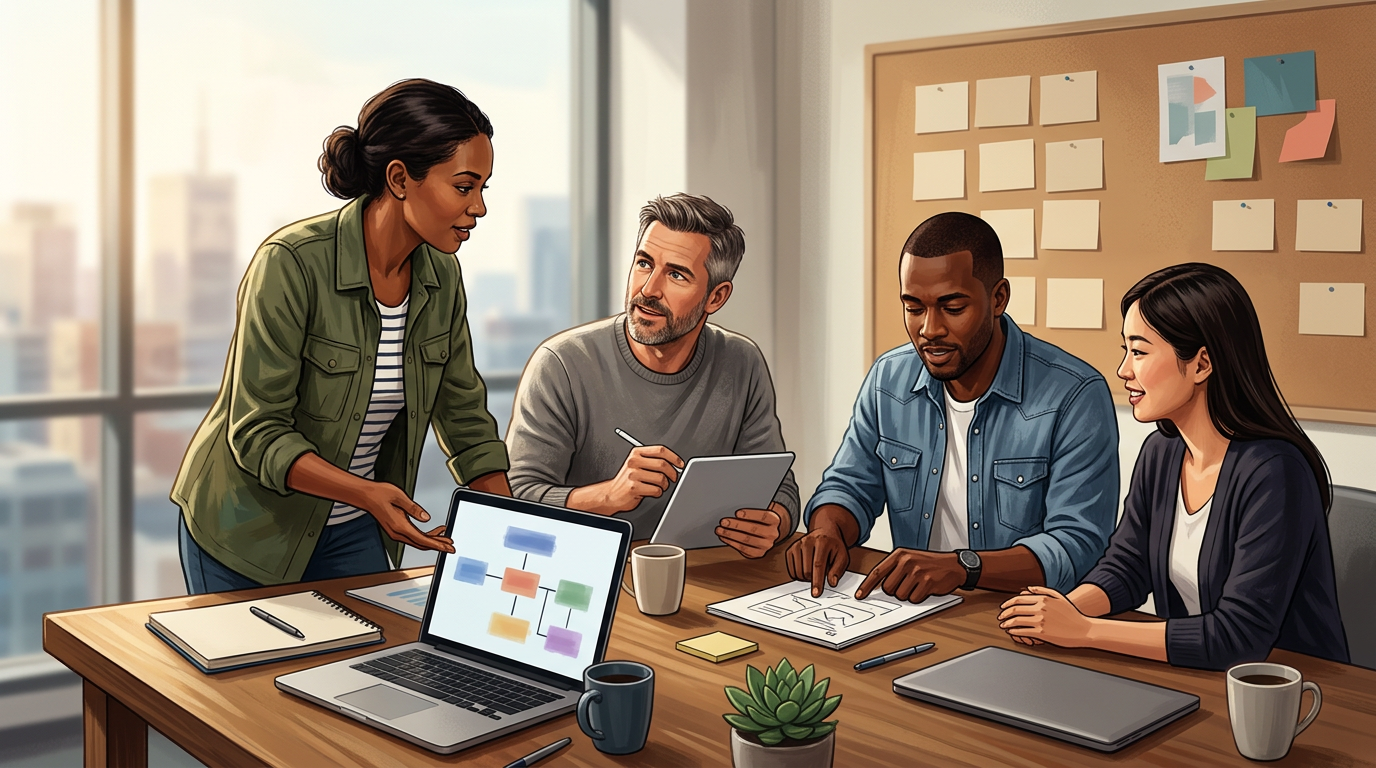 Diverse veteran team collaborating on tech projects