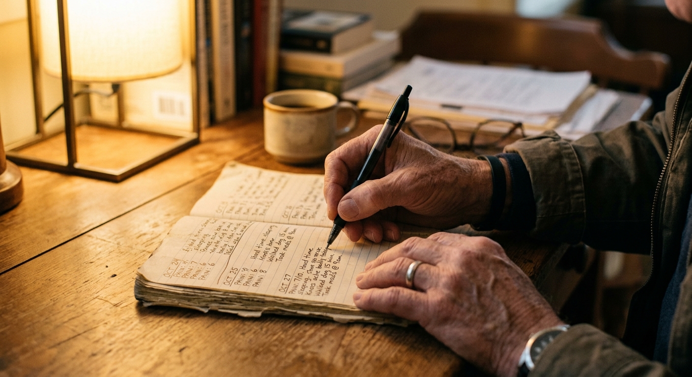 Veterans hand writing in a personal pain diary with dates and symptom notes