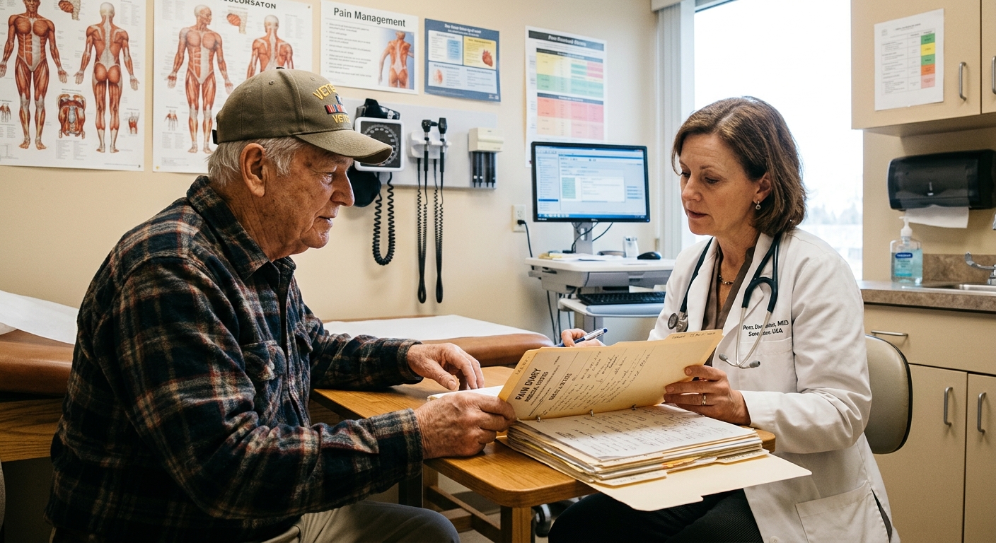 Veteran reviewing medical records and pain diary with their doctor in an exam room