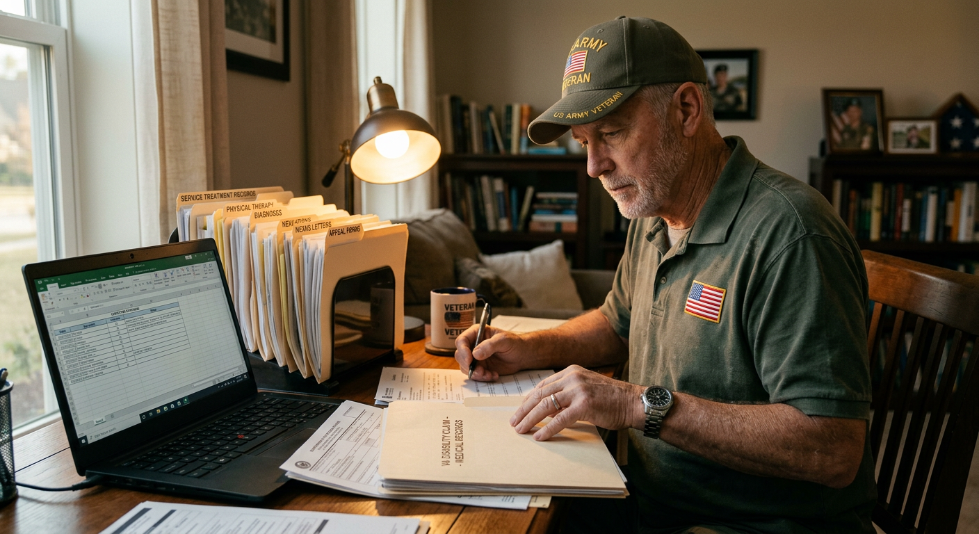 Veteran organizing medical documents and treatment records at a desk for a VA disability claim