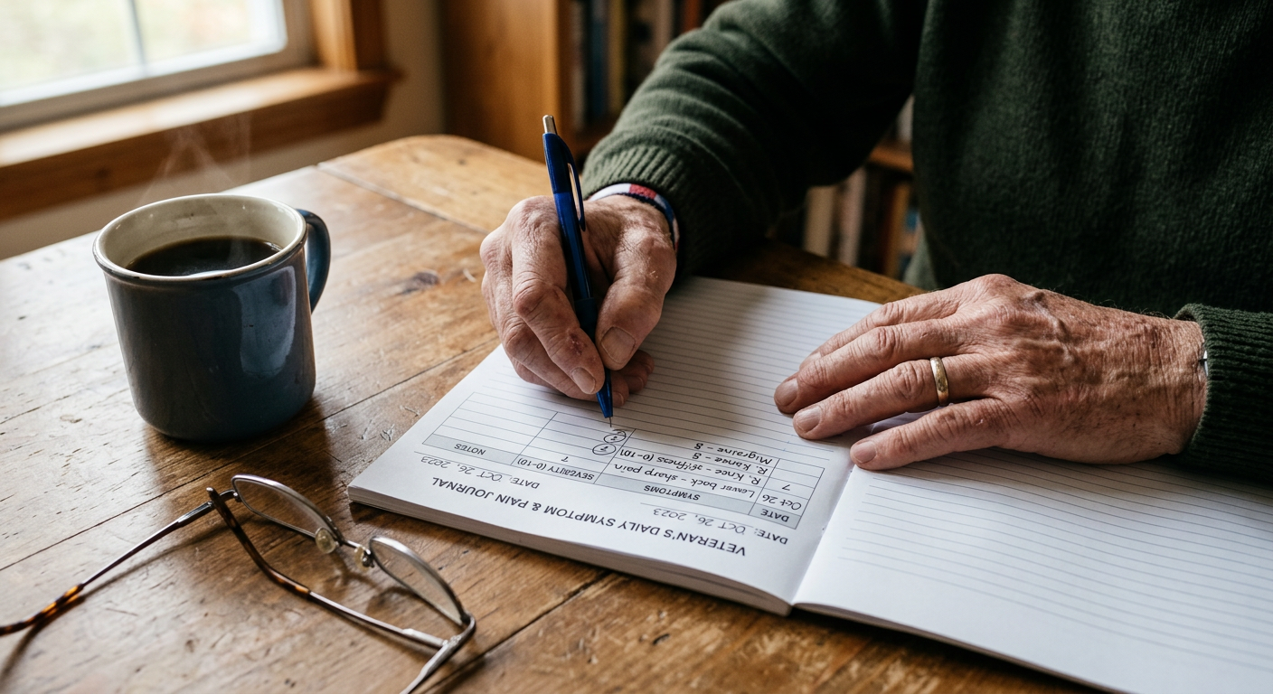 Veterans hands documenting daily pain symptoms in a structured journal