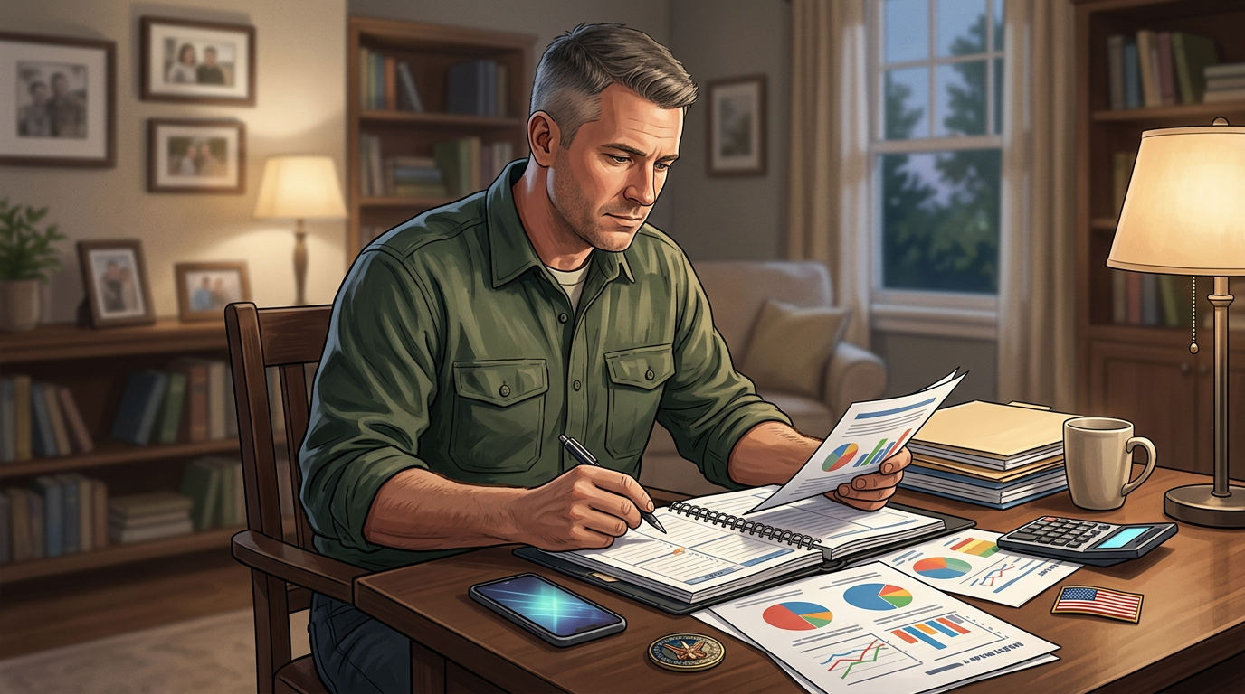 A veteran at a command desk reviewing financial documents with discipline