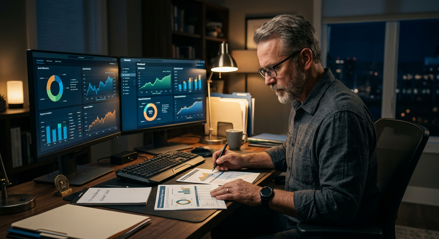 A veteran at a command desk reviewing financial documents with discipline