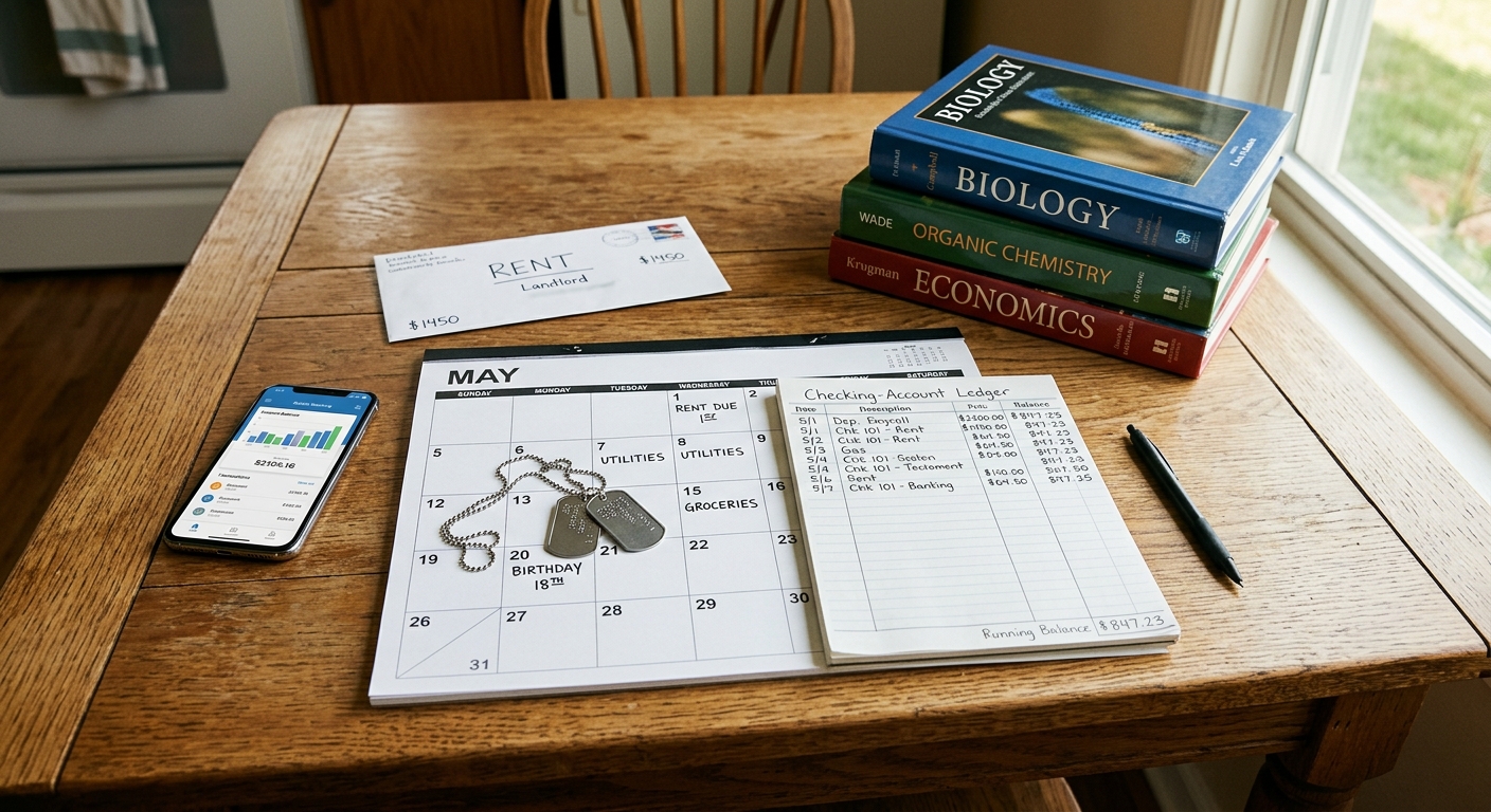 Overhead view of a kitchen table with a desk calendar, paper ledger, rent envelope, smartphone showing a banking app, dog tags, and a stack of college textbooks
