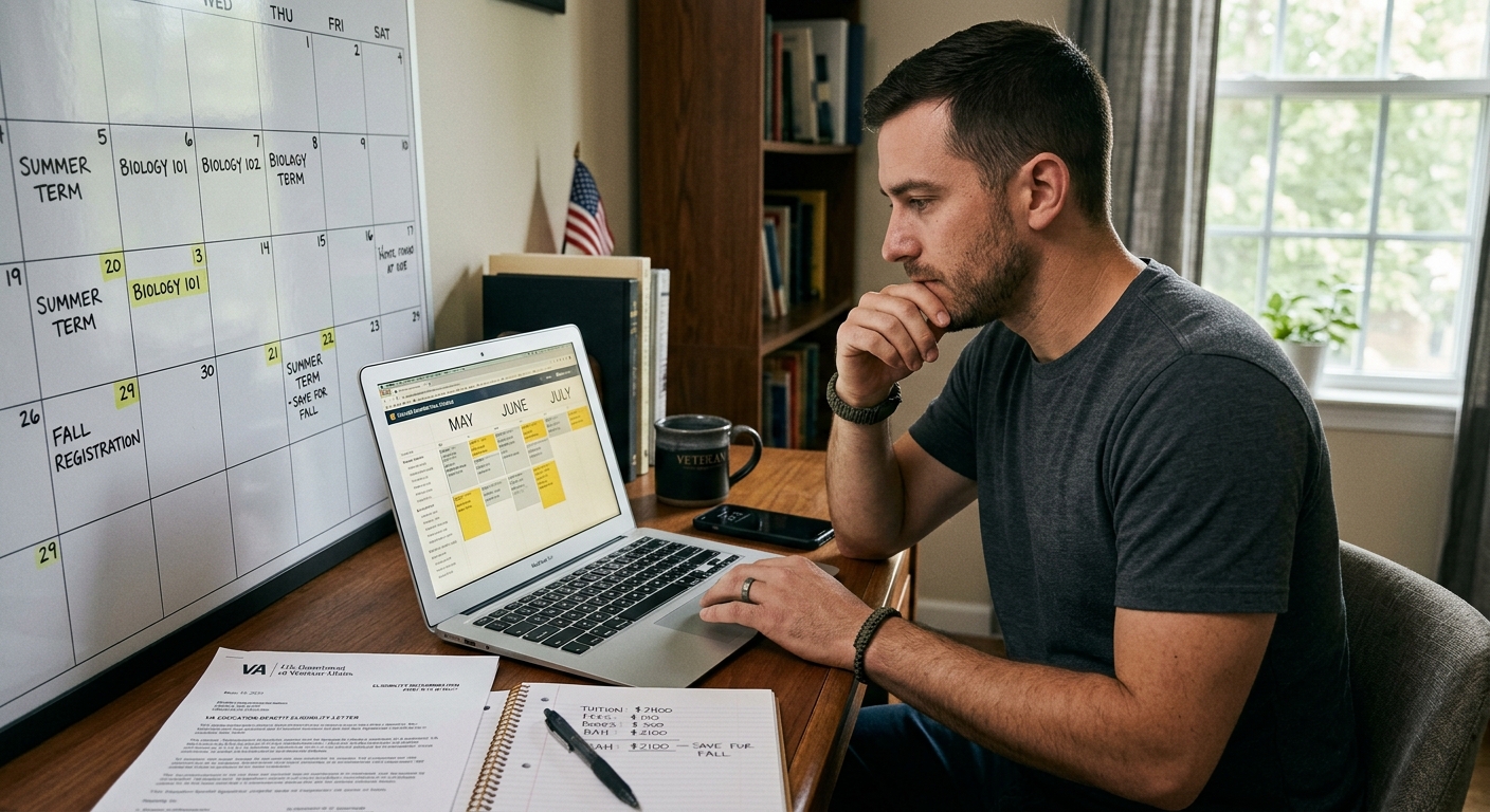 Veteran at a home desk reviewing a college course schedule, paper calendar, VA letter, and budget notebook