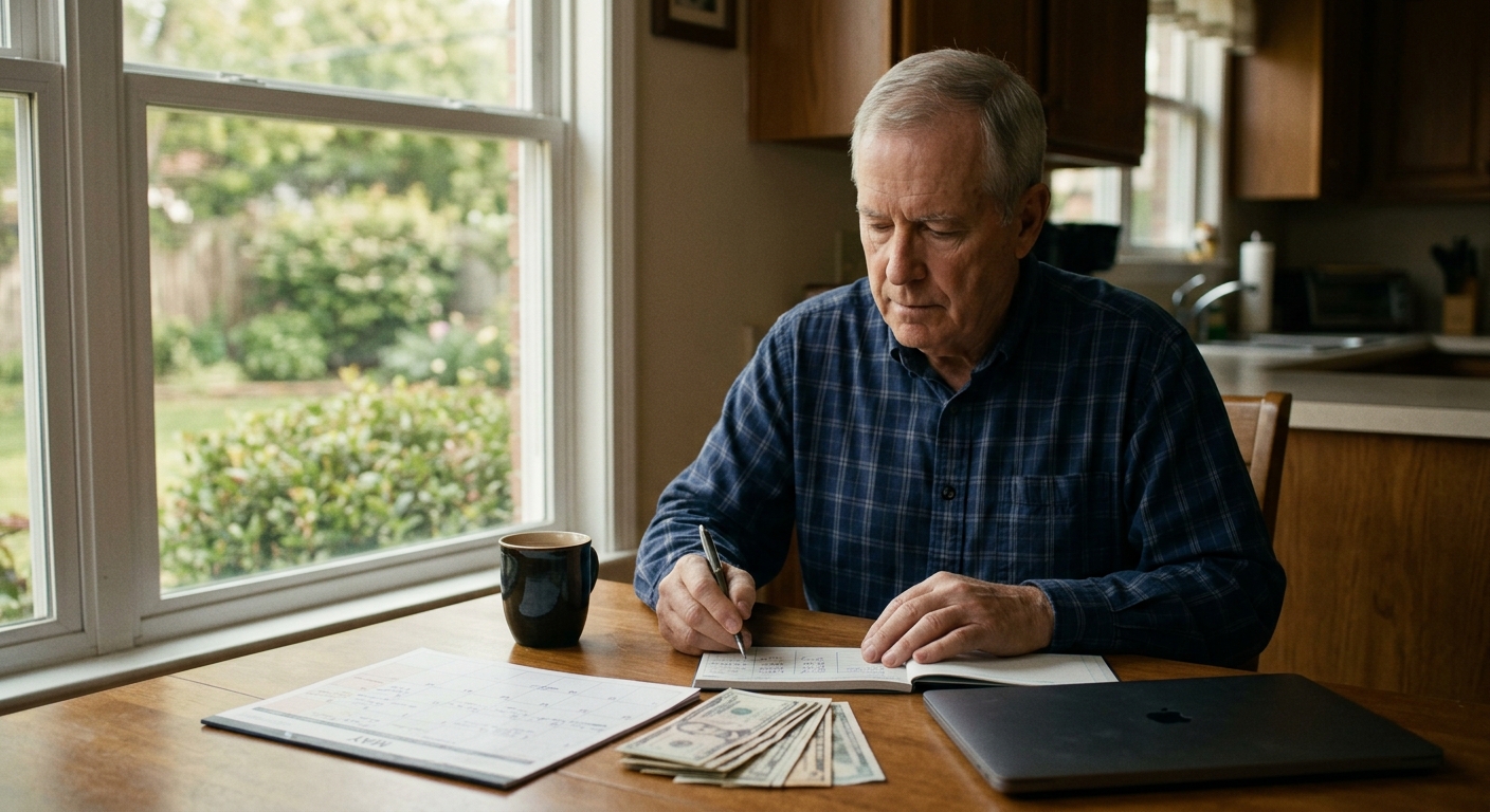 Veteran at a kitchen table working a summer cash-flow plan with a paper calendar, bills, checkbook ledger, and laptop