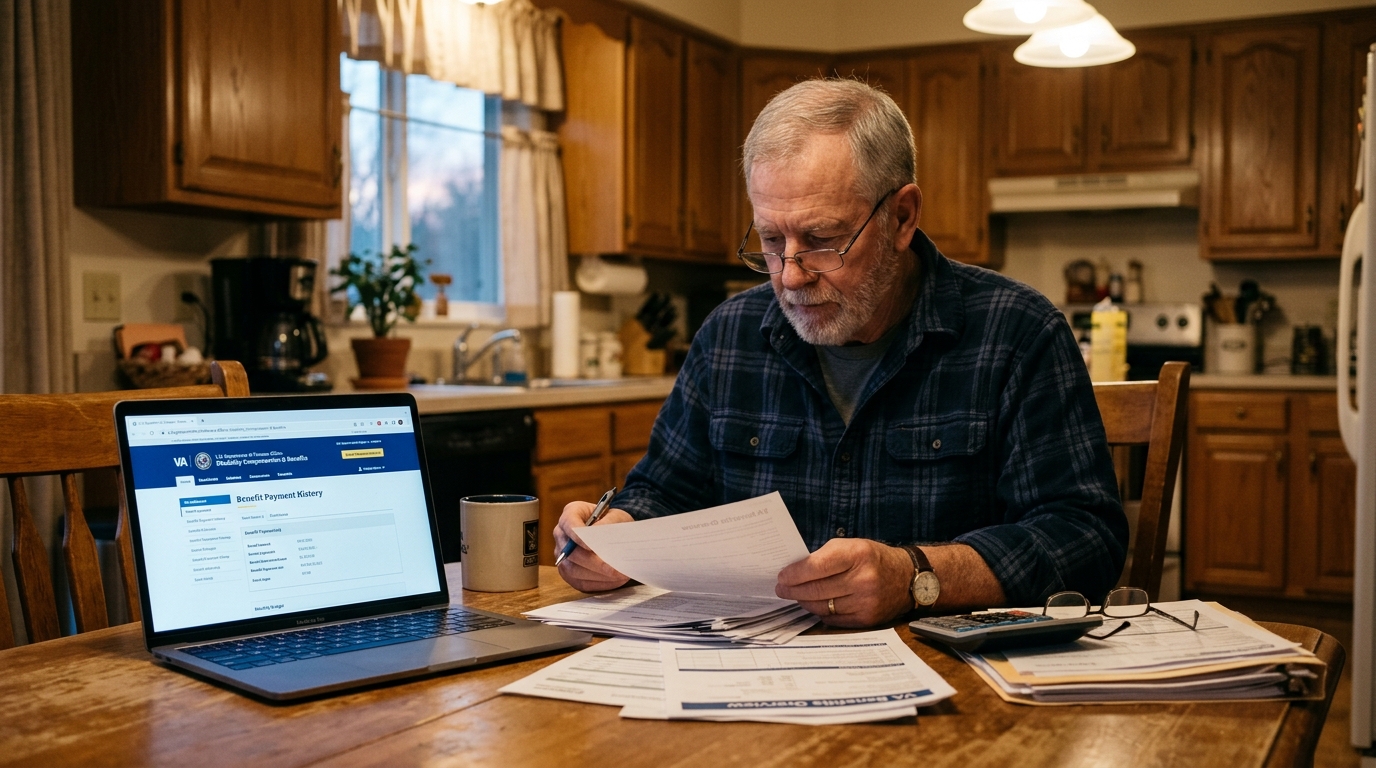 Veteran reviewing financial documents at a kitchen table with VA benefits information on a laptop