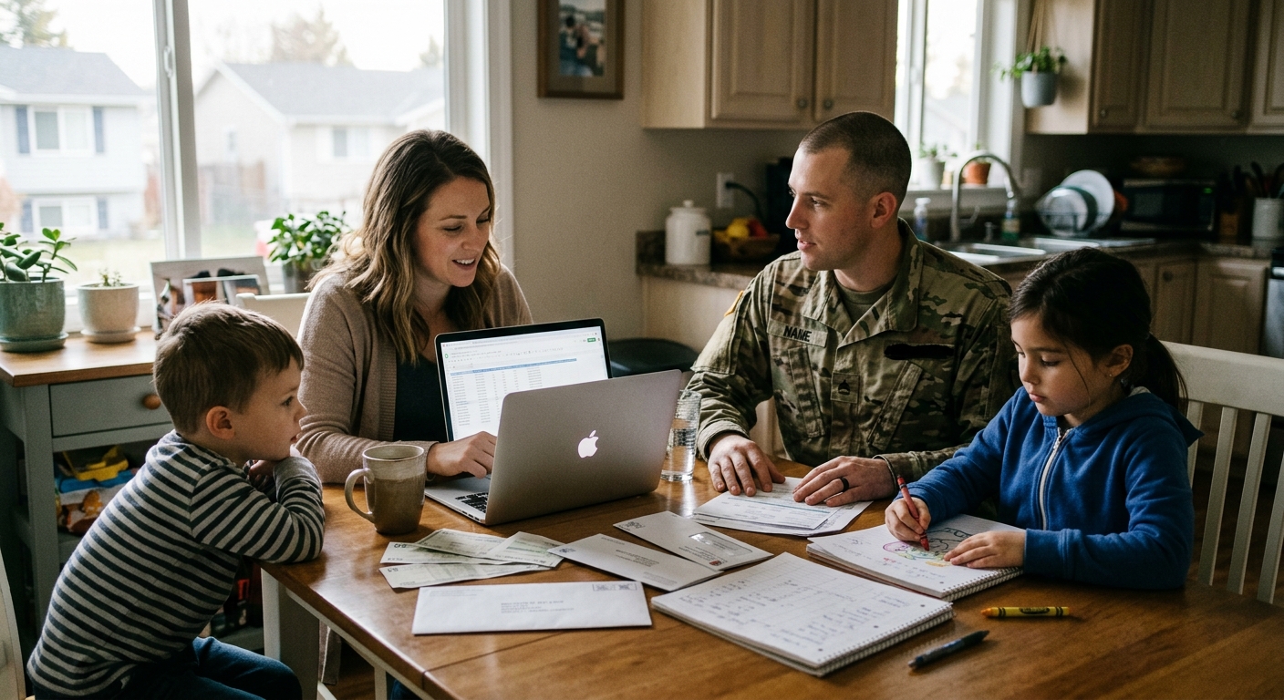 Military family at a kitchen table in early morning light reviewing a budget on a laptop and paper bills