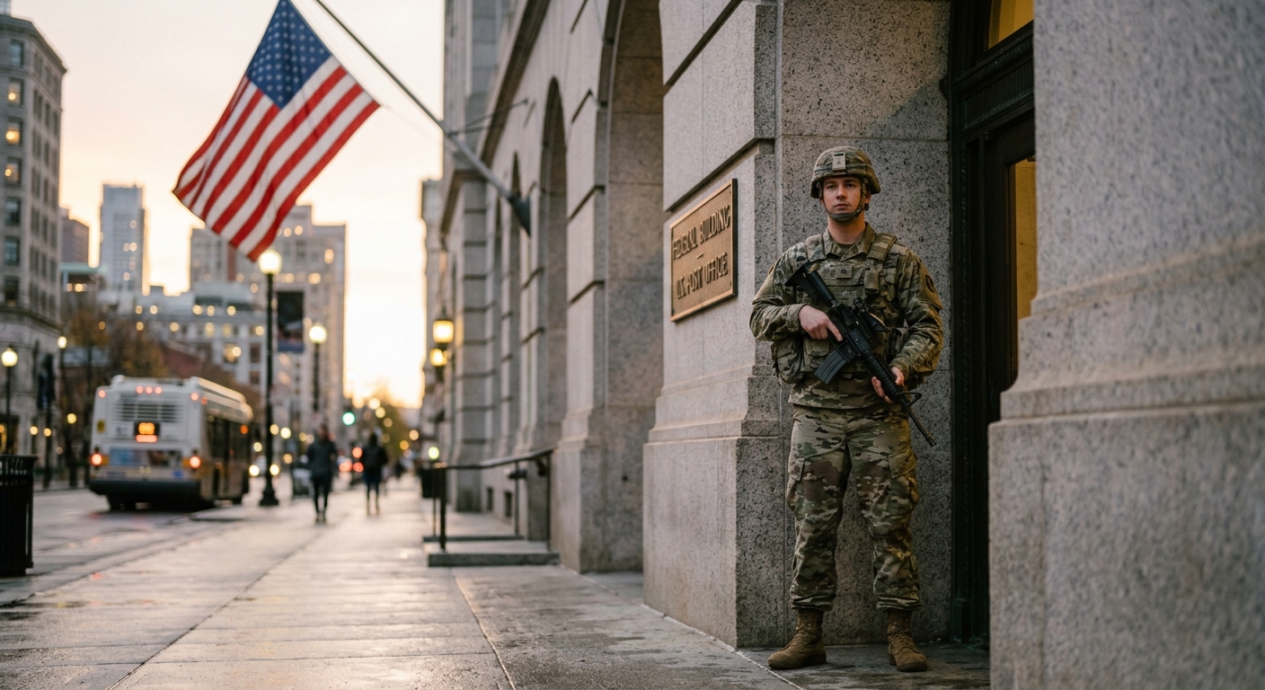 National Guard soldier in operational uniform standing outside a federal building in an American city at dusk