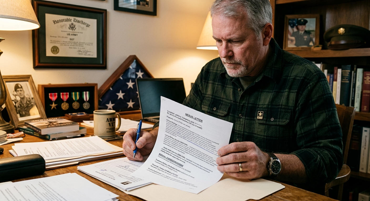 Veteran reviewing medical documents and nexus letter for a VA skin condition disability claim