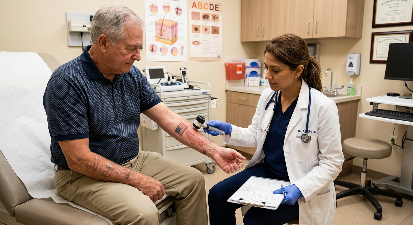 Healthcare provider examining a veterans skin condition in a clinical setting