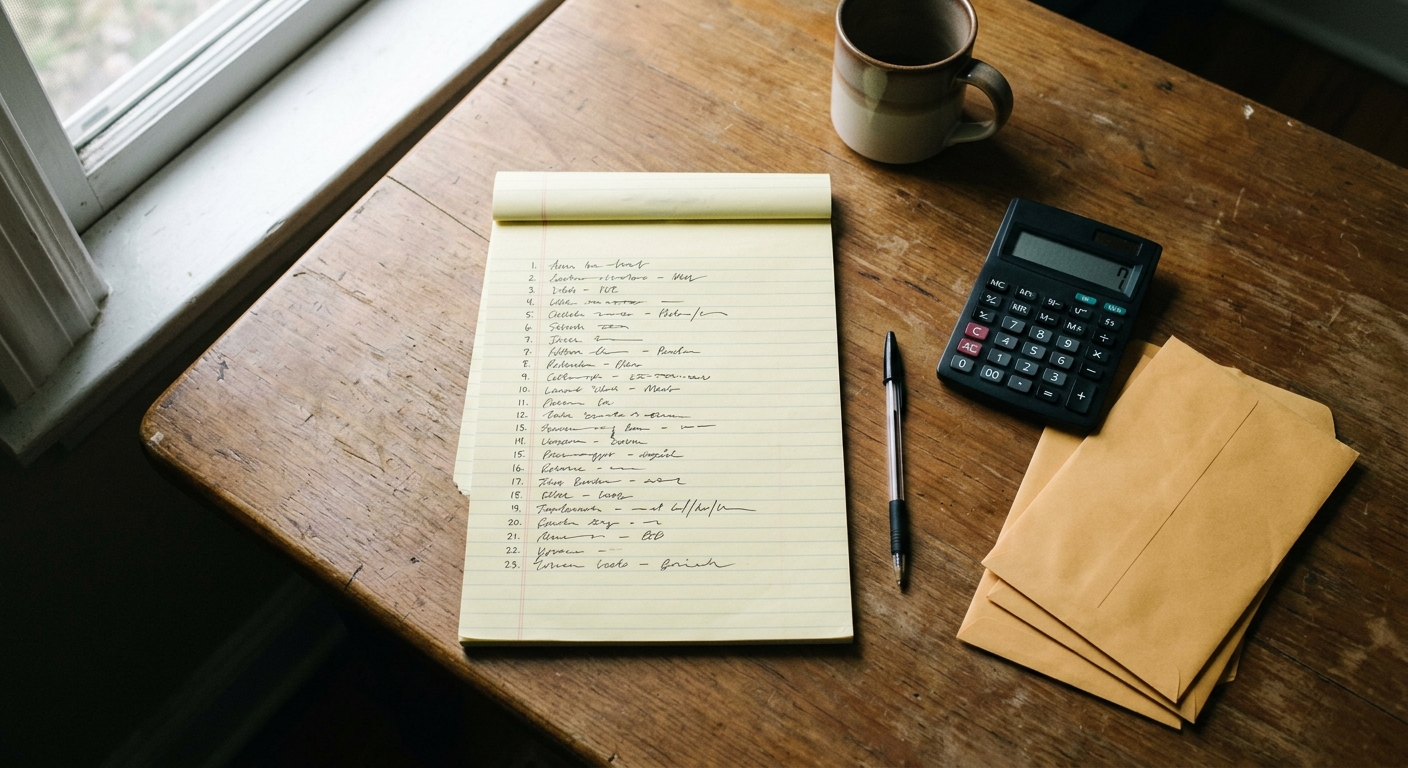 Overhead view of a wooden desk with a legal pad, calculator, envelopes, pen, and coffee mug in natural daylight