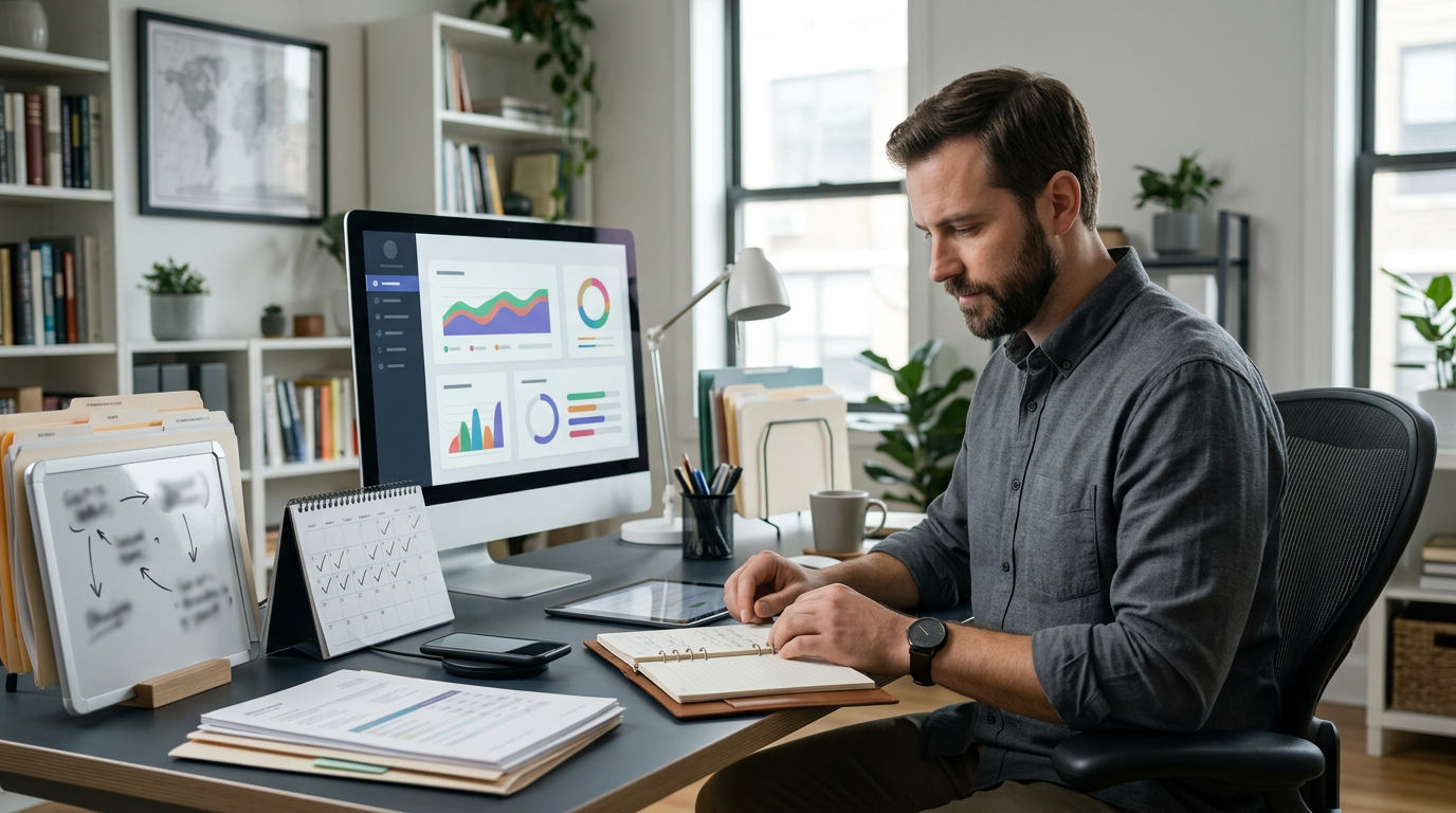 A sophisticated command center dashboard with holographic displays showing life metrics and goals