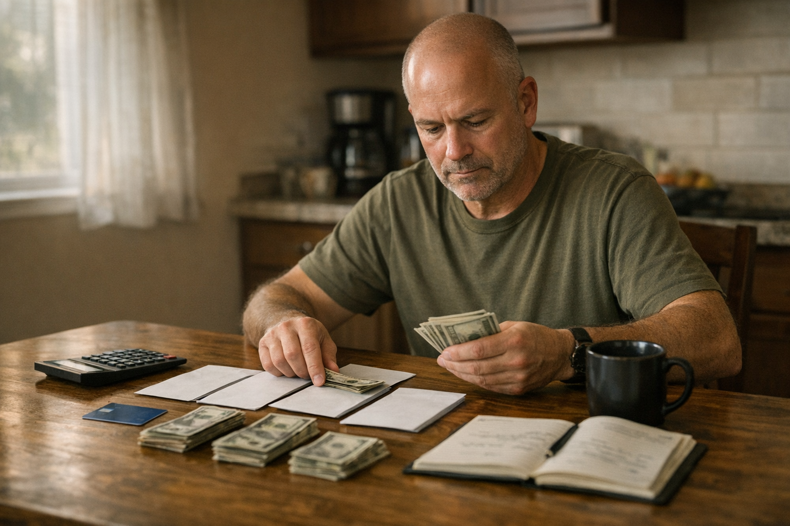 Veteran sorting cash into a disciplined monthly budget at a kitchen table with a calculator and notebook