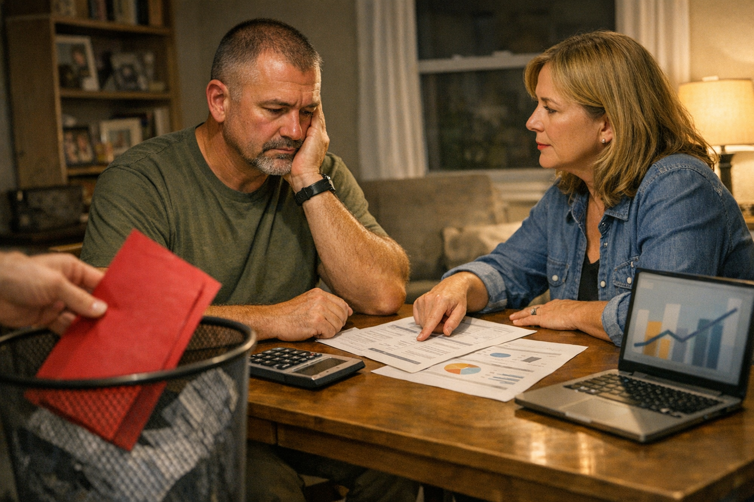 Veteran and spouse reviewing the household budget while rejecting a rushed loan offer