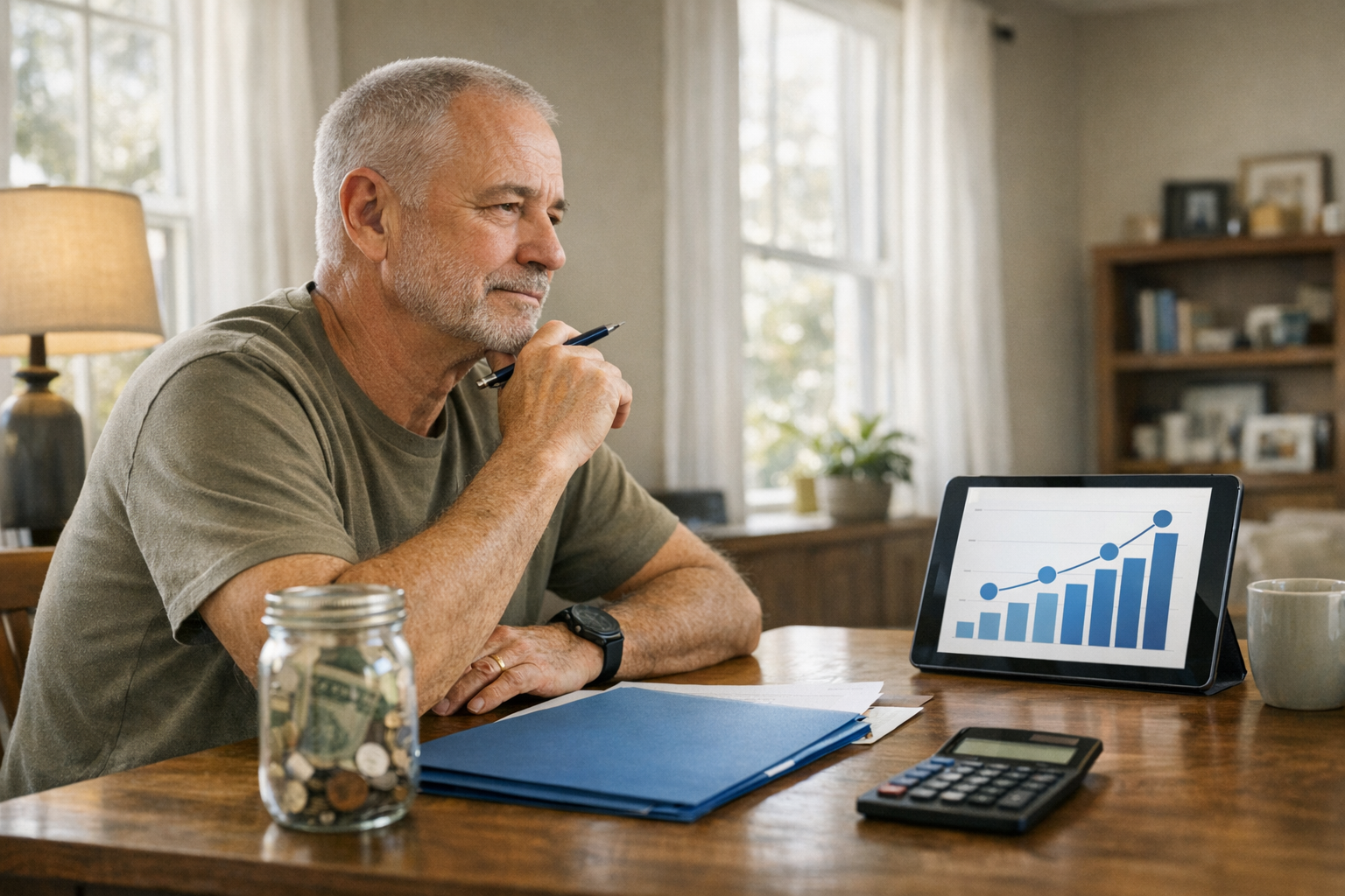 Veteran reviewing emergency fund and debt payoff progress at home with a calculator and simple growth chart