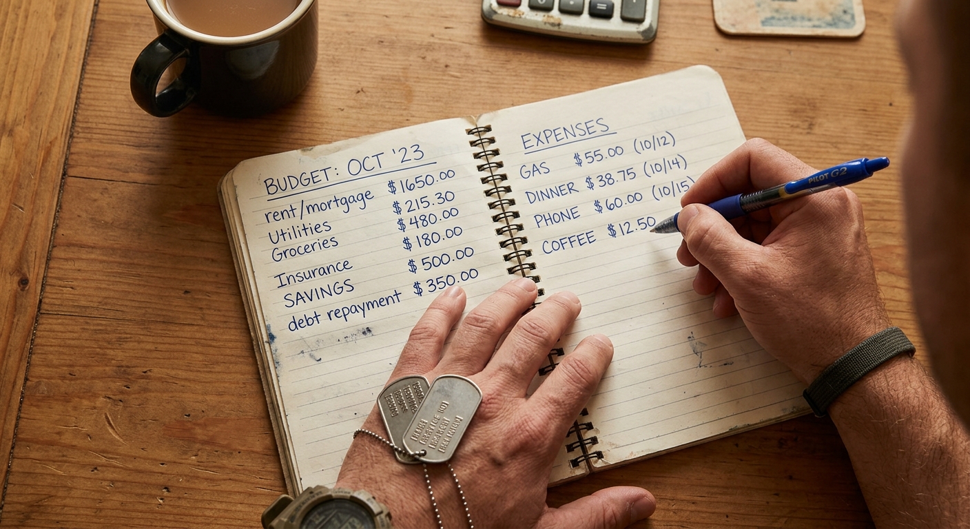 Hands writing budget categories in a notebook with dog tags visible