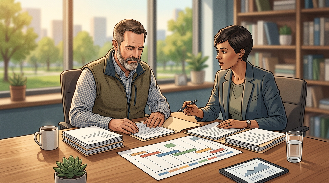 Veteran reviewing a structured benefits action plan with AI assistance