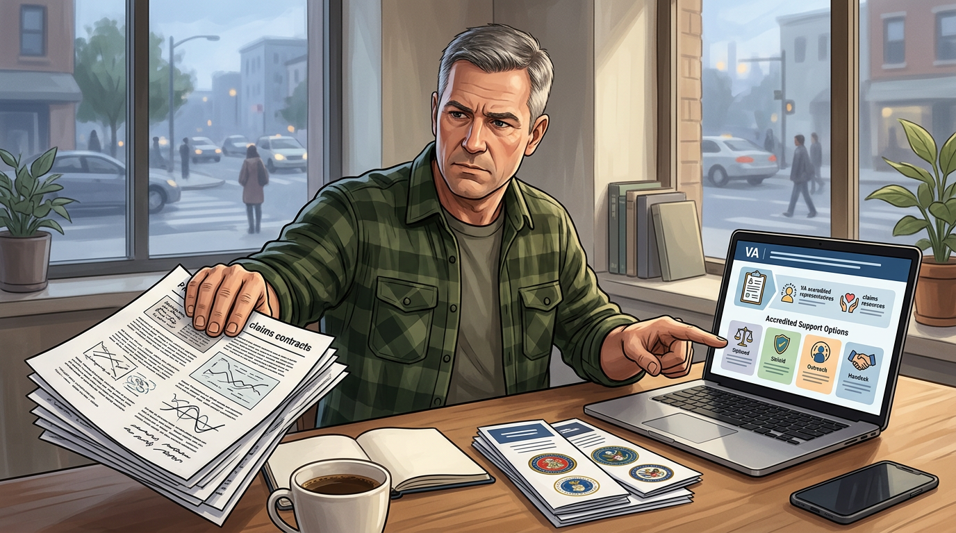 Veteran reviewing claim paperwork while avoiding predatory fee-based offers