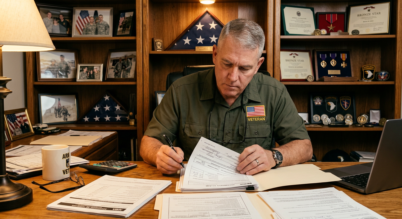 Veteran reviewing disability claim paperwork at a desk