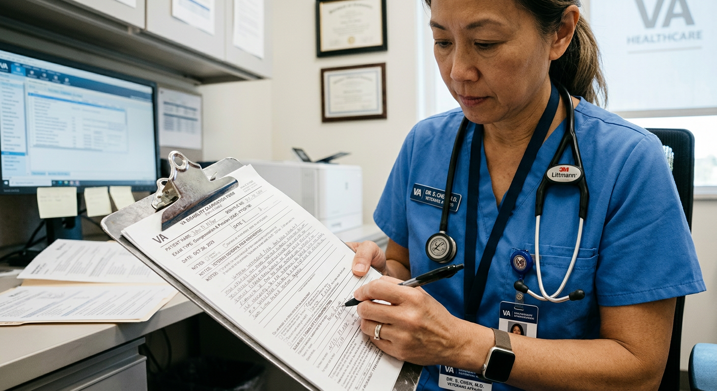 Medical professional taking notes during a disability evaluation