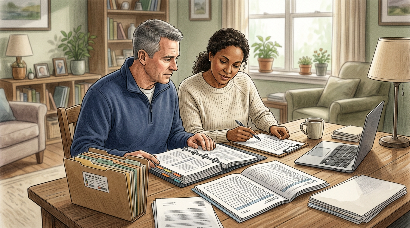 Veteran and spouse reviewing VA decision packet with a structured checklist