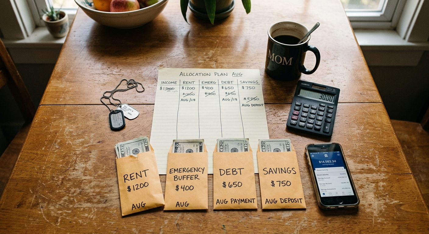 Overhead shot of a kitchen table with a handwritten allocation plan, labeled envelopes for rent, emergency buffer, debt, and savings, a calculator, dog tags, and a phone showing a savings balance