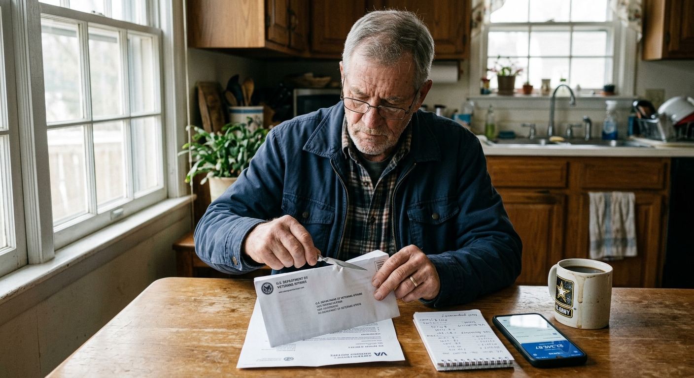 Veteran at a kitchen table opening a VA award letter with a coffee mug, notepad, and phone showing a banking balance