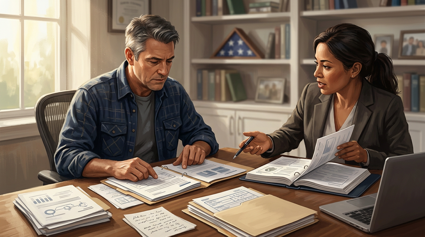 Veteran reviewing VA disability claim evidence in an AI-assisted command dashboard