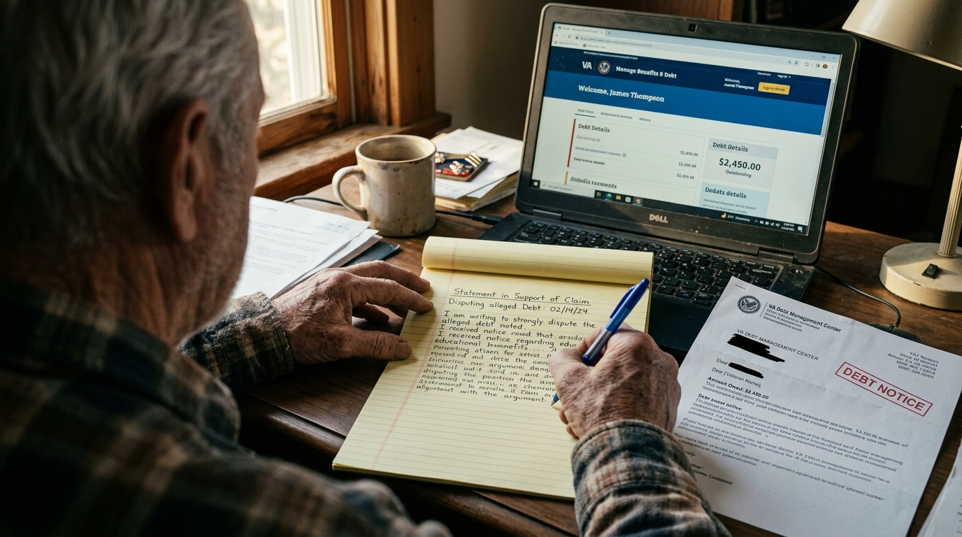 Veteran's hands writing a dispute statement next to a VA debt notice and laptop showing the benefits portal