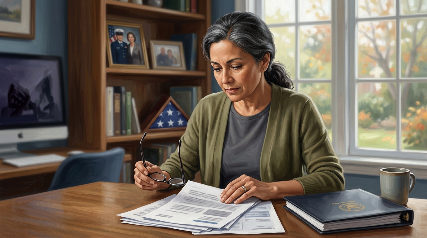 Military family reviewing VA survivors benefits paperwork and eligibility documents
