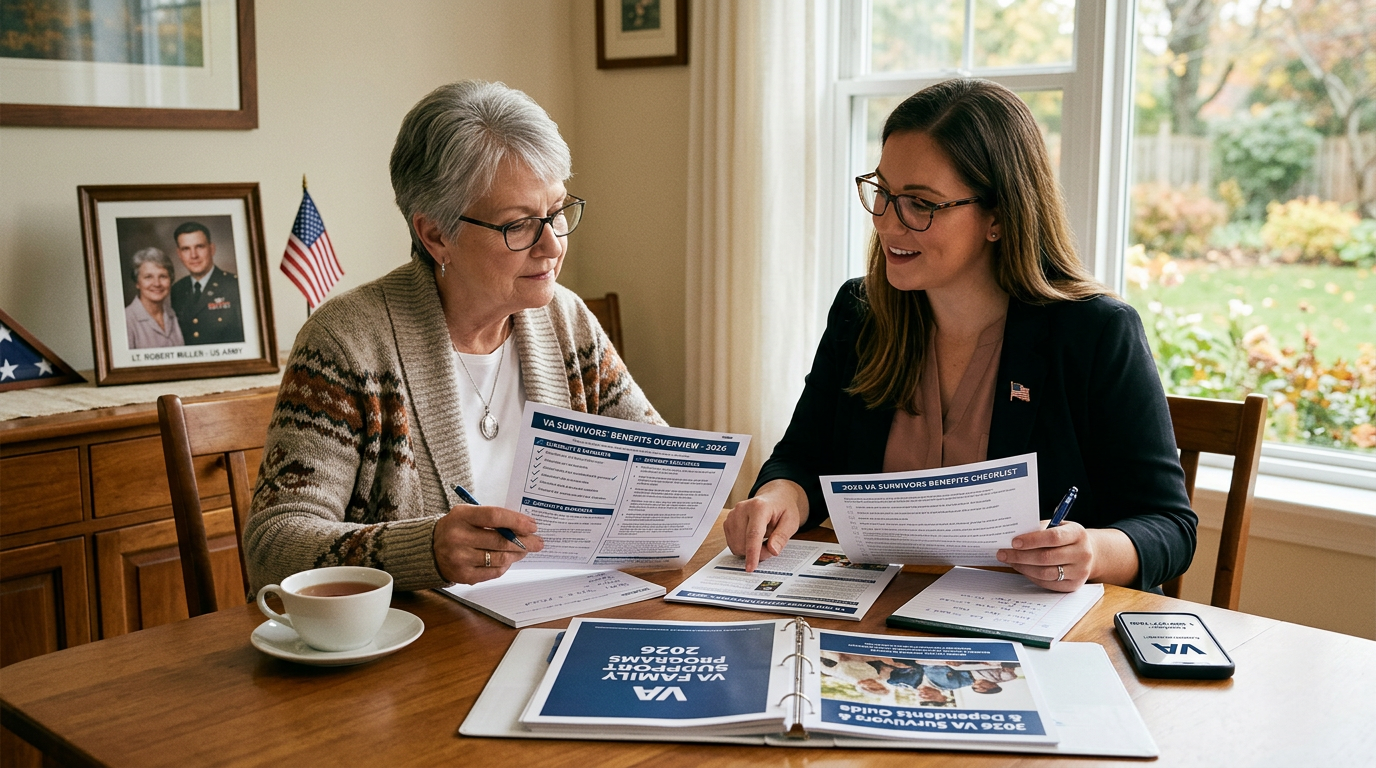 Military family reviewing VA survivors benefits paperwork and eligibility documents