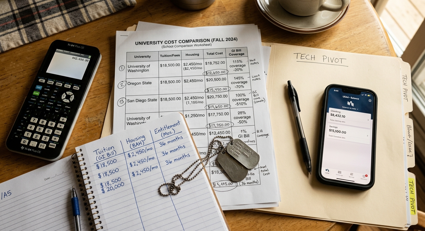 Top-down view of a kitchen table with a school comparison worksheet, calculator, notebook with tuition and housing columns, smartphone with banking app, and a dog tag chain across the page