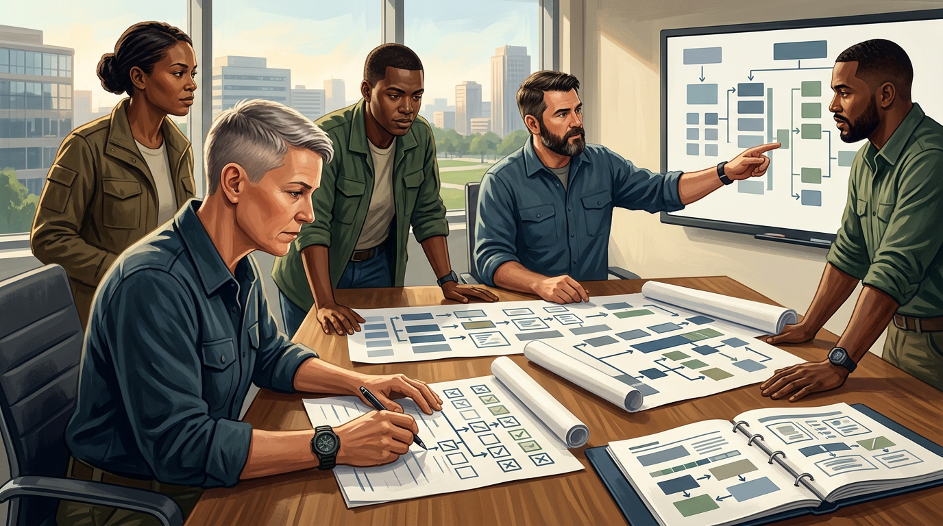 30-day transition sprint timeline showing weekly milestones for veteran tech career transition