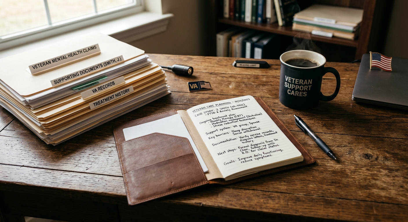 Organized documents and notes representing the documentation process for a VA mental health claim