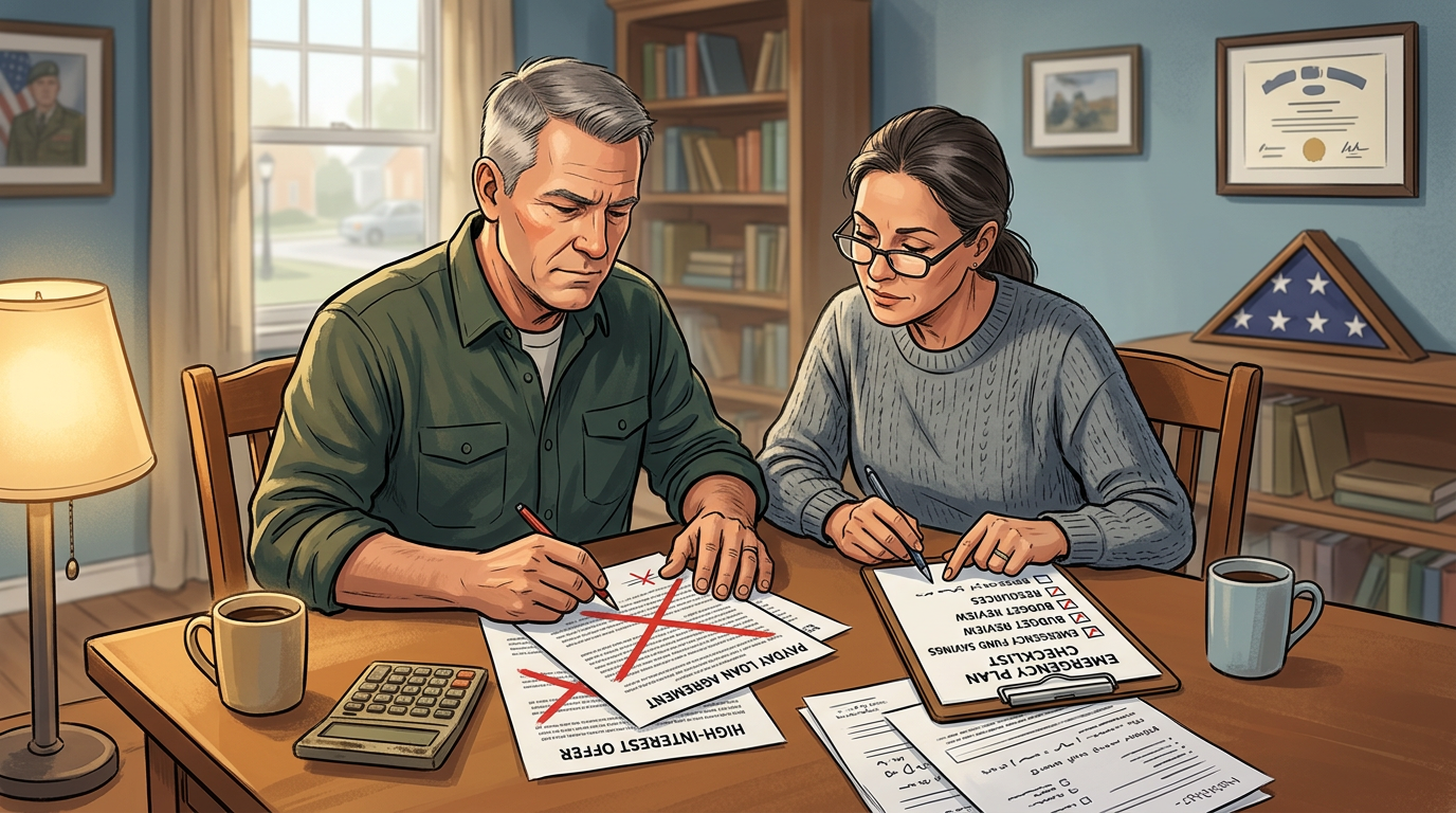 Veteran couple reviewing loan offers with high interest rates, calculator and debt payoff plan
