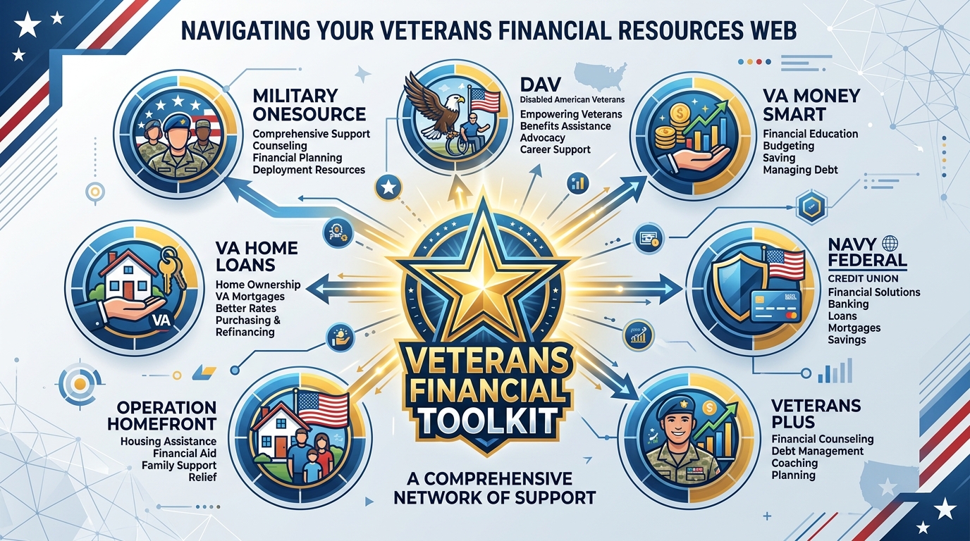 Veterans financial resources infographic showing Military OneSource, DAV, VA Money Smart, Navy Federal, VeteransPlus, Operation Homefront and VA Home Loans