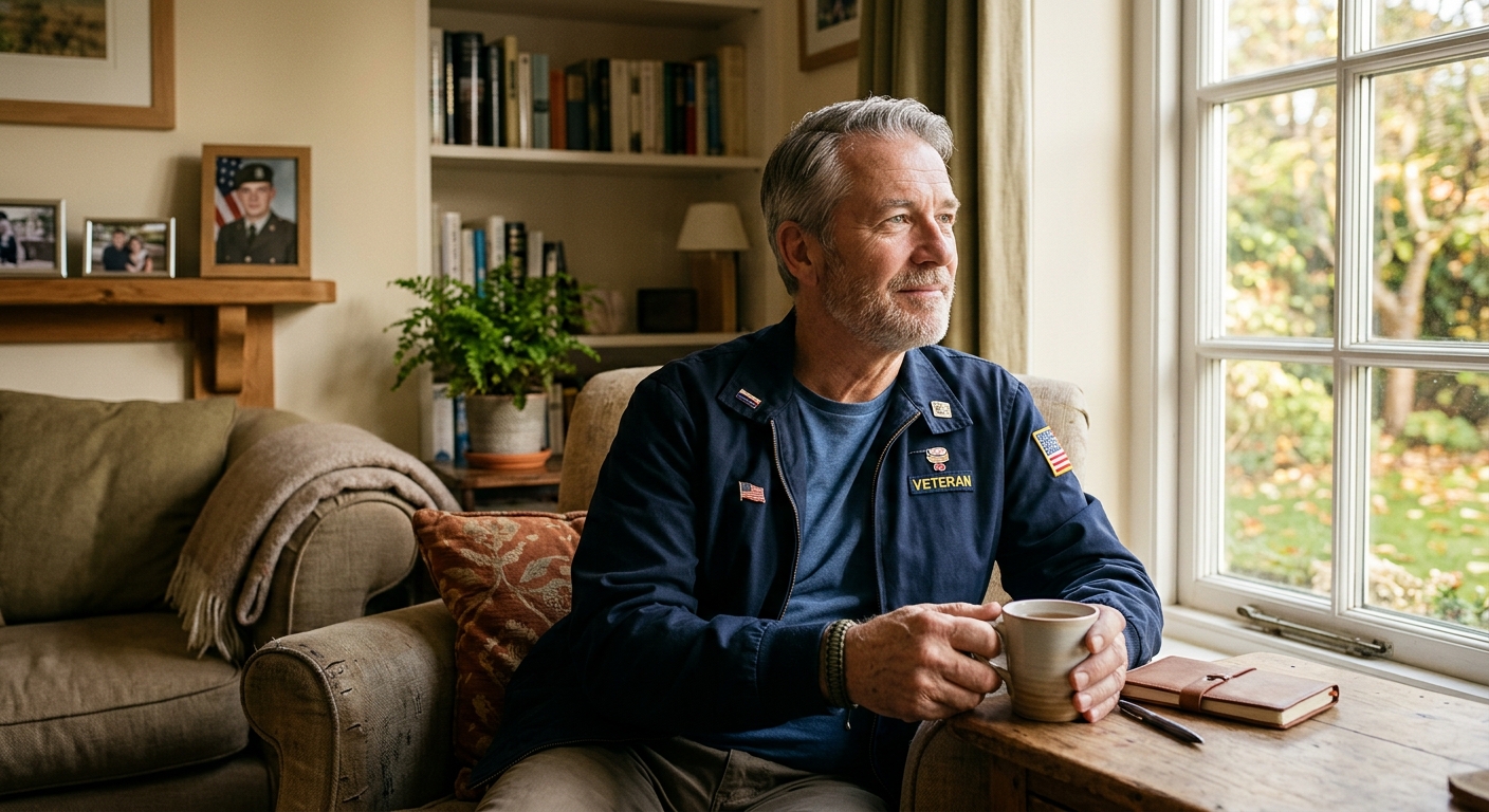 Veteran sitting peacefully in a sunlit room, representing the calm that effective PTSD treatment can bring