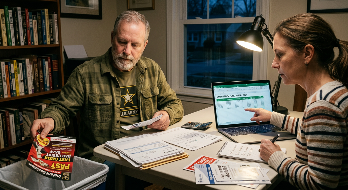 Veteran couple building an emergency fund plan and rejecting predatory lender mailers at a home office desk