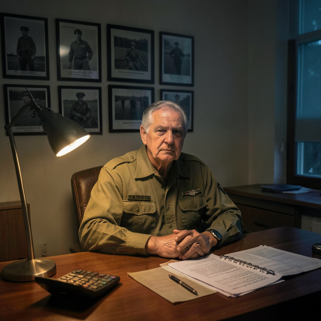Veteran sitting at a desk at night with budget papers, single lamp, contemplative mood