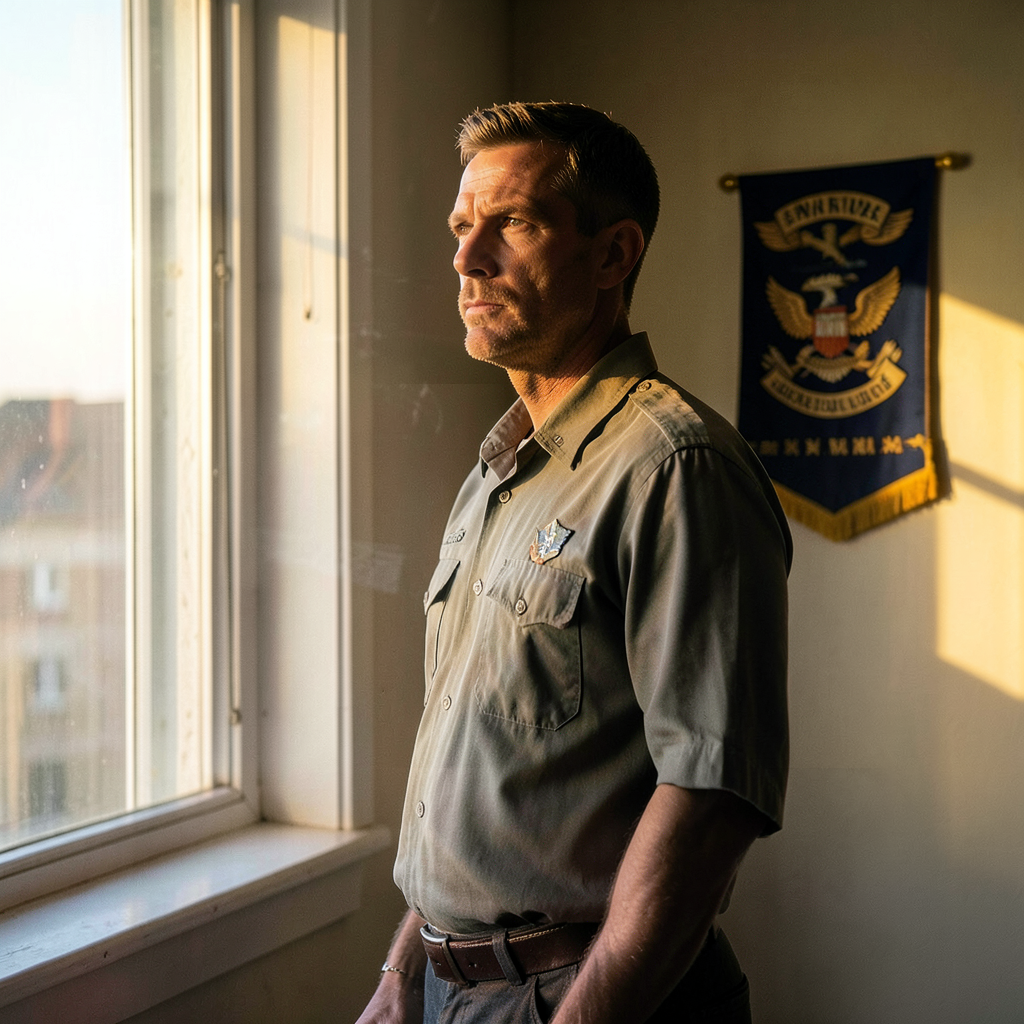 Veteran standing at a window in morning light, looking outward with quiet confidence