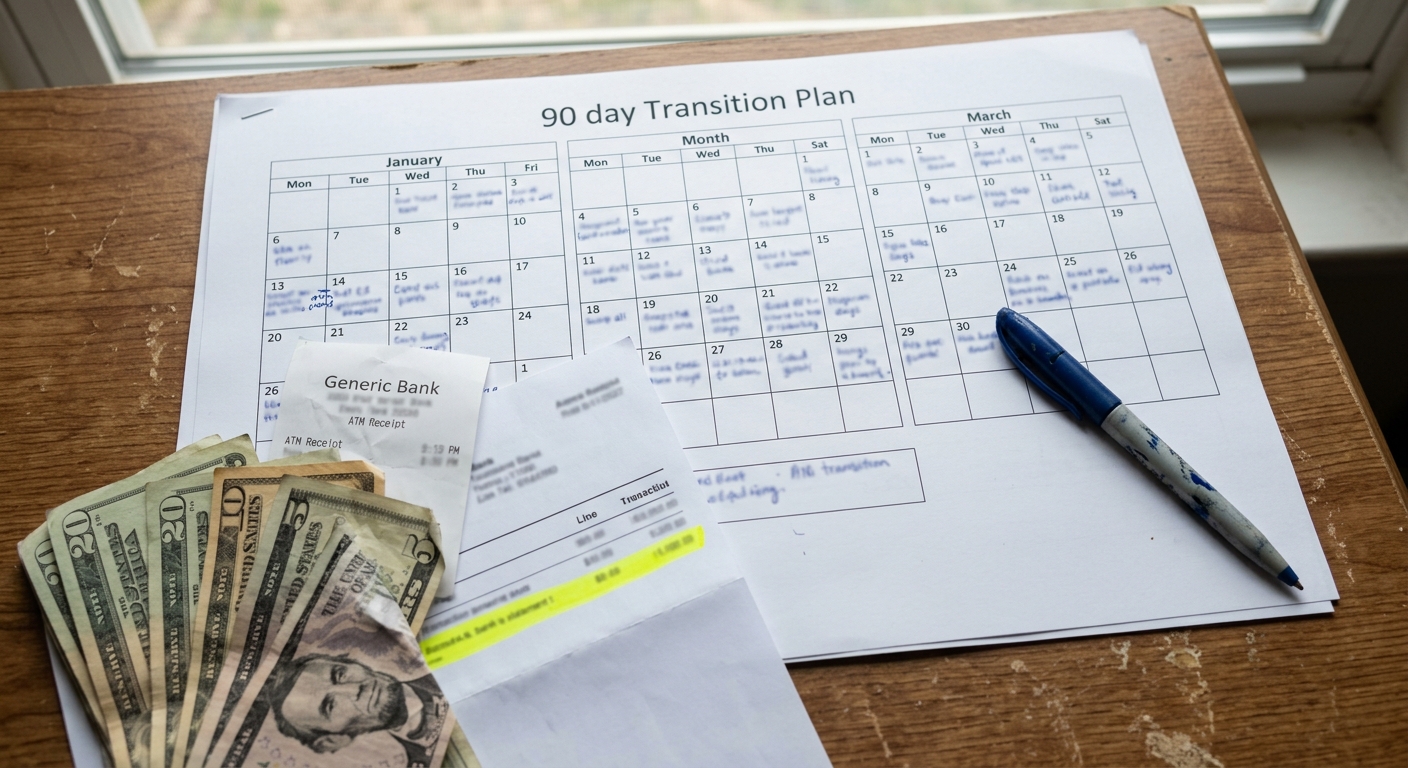 Overhead shot of a paper 90-day transition plan with handwritten weekly notes, a bank statement, and cash on a desk
