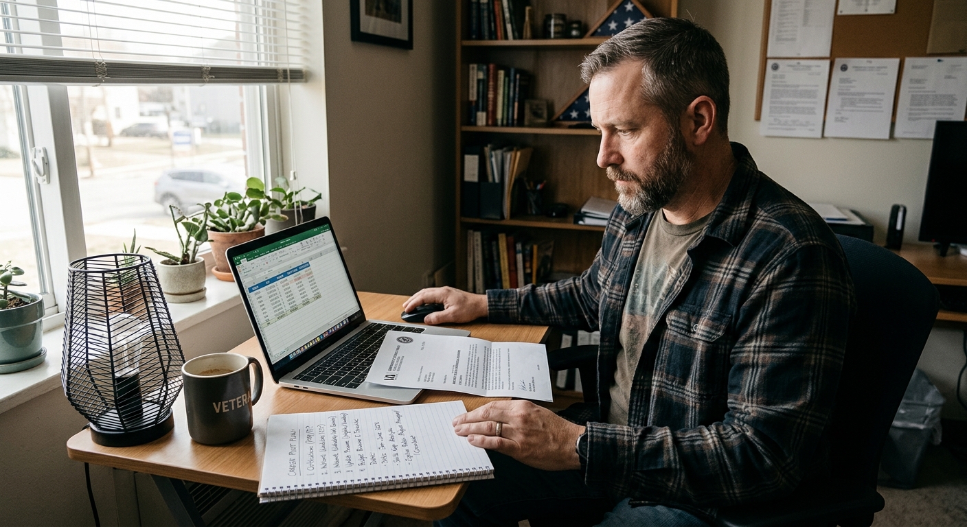 Veteran at a small home office desk planning a tech career pivot with a laptop, budget spreadsheet, notepad, and a VA letter