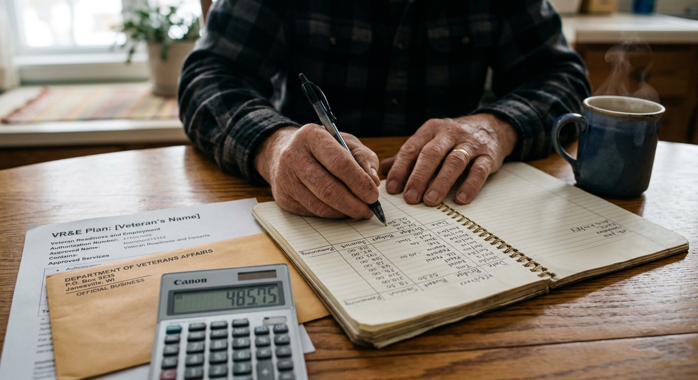 Hands writing a bridge budget in a notebook beside a VR&E document, calculator, and envelope from the Department of Veterans Affairs