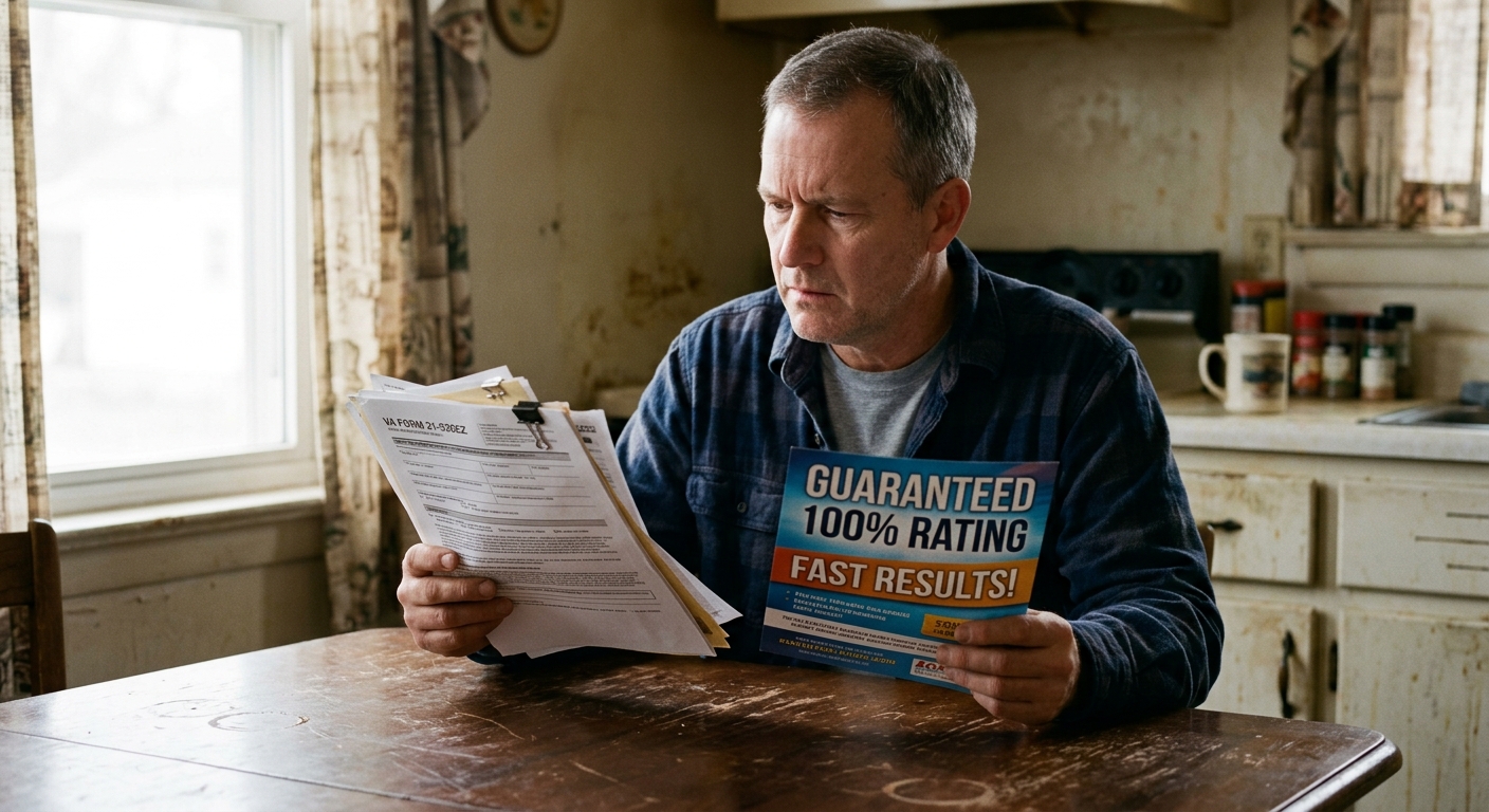 Veteran reading a glossy claims-help promotional flyer at a kitchen table while reviewing VA paperwork