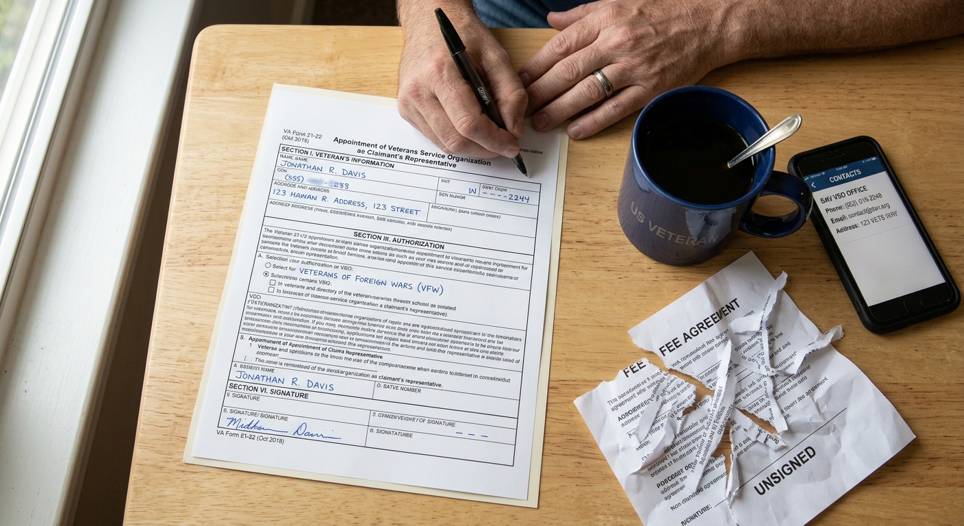 VA Form 21-22 partially filled out on a desk next to a torn-up unsigned fee agreement and a phone showing a VSO contact