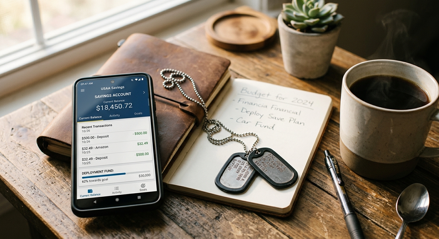 Savings app on phone next to military dog tags and coffee